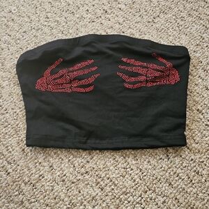 SHEIN Black Crop Top with Red Skeleton Hands